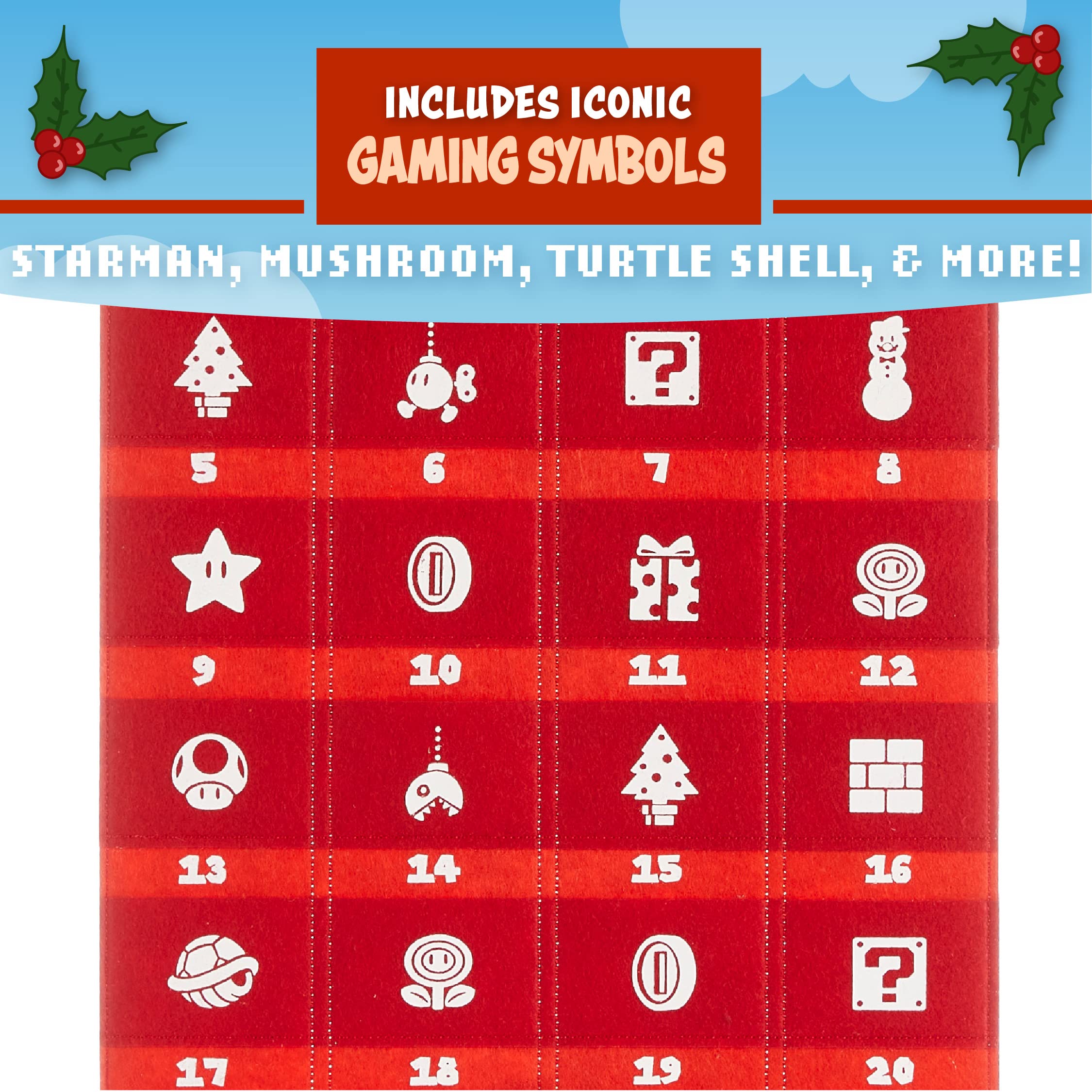 Super Mario Fabric Advent Calendar with Mario Toy, 24 Days Nintendo Christmas Countdown, Reusable Felt Hanging Wall Decoration w